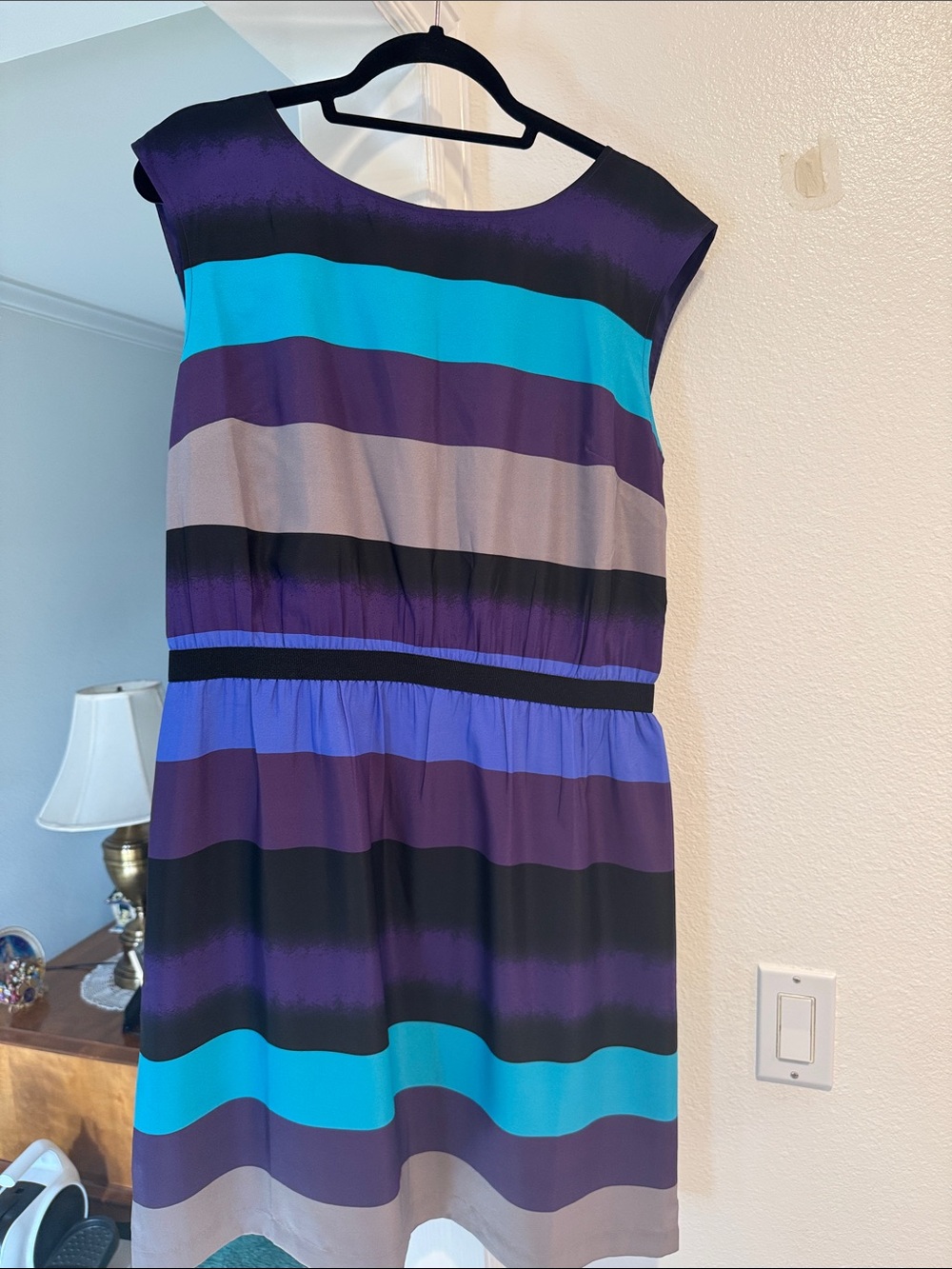 LOFT Striped Purple Teal Cap-Sleeve Midi Dress